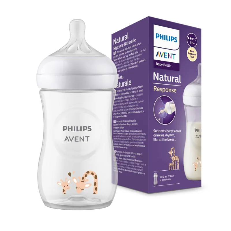 Avent Natural Biberon din plastic Deco Girafe +1 luni cu debit 3, 260 ml