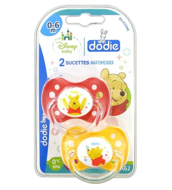 Dodie – Sucettes forme anatomique silicone Disney Baby Winnie l’Ourson (0-6 M) N°A62 – (x2)