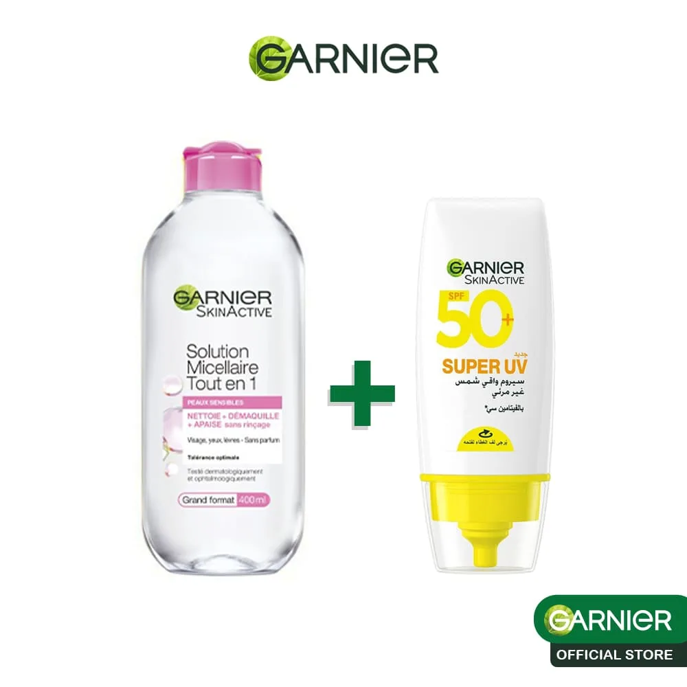 Garnier solution micellaire tout en 1 peaux sensibles 400ml + super uv invisible serum sunscreen spf 50 pa++++ uva/b