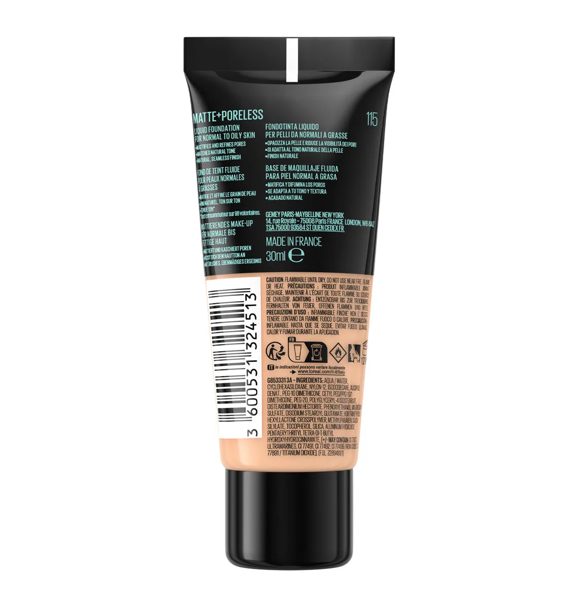 MAYBELLINE FIT ME FOND DE TEINT LIQUIDE MATTE + PORELESS 30ML 115 IVOIRE – vue 4